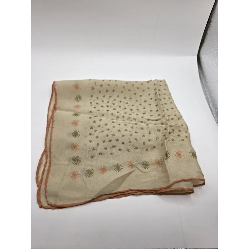 Vintage 1950s Sheer Silk Chiffon Square Scarf Sunburst Print Cream Orange Green - Picture 3 of 10